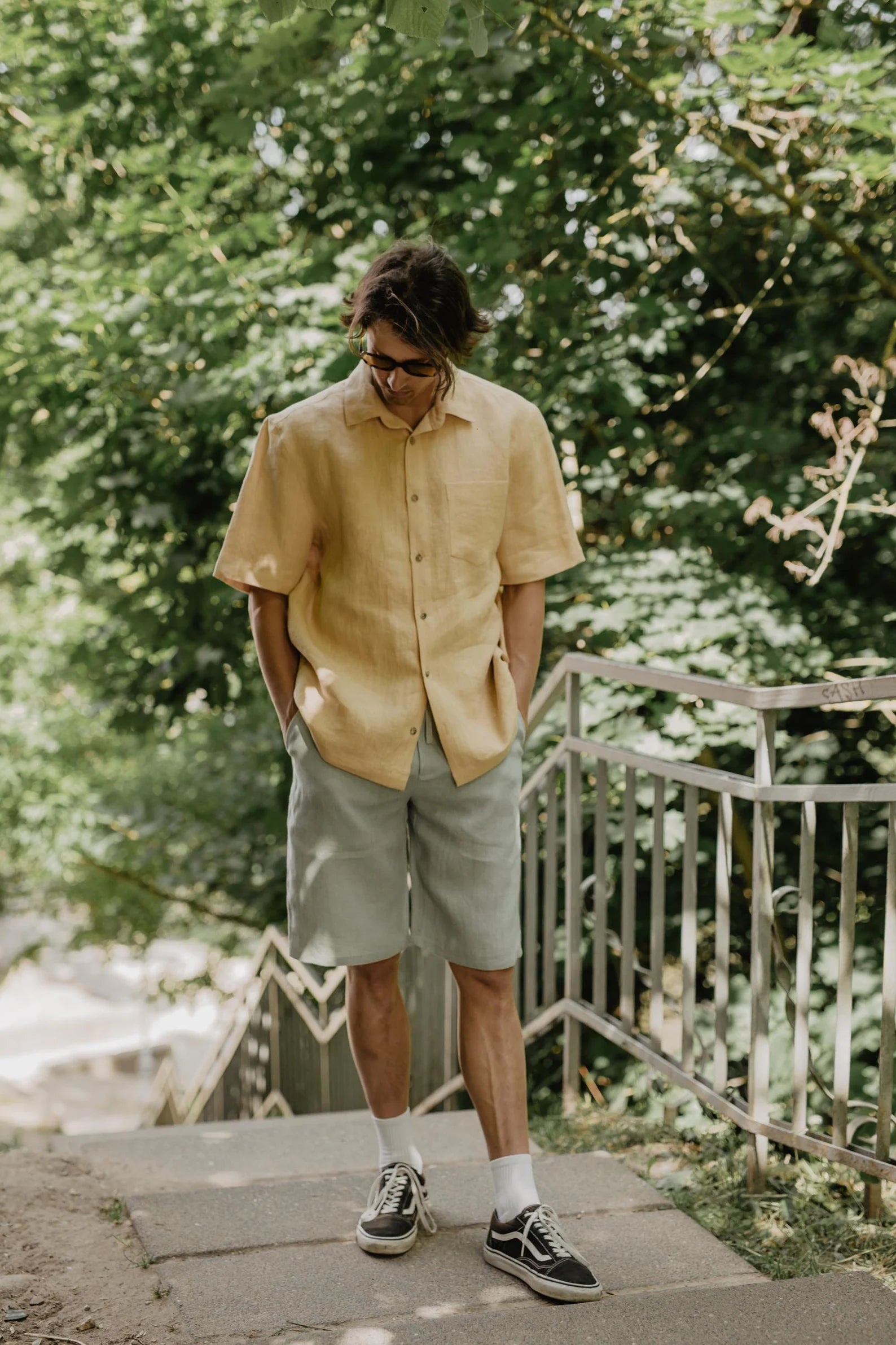 Oversized linen shirt for men MAGNUS. Men's linen summer shirt with short sleeves. Mustard linen shirt