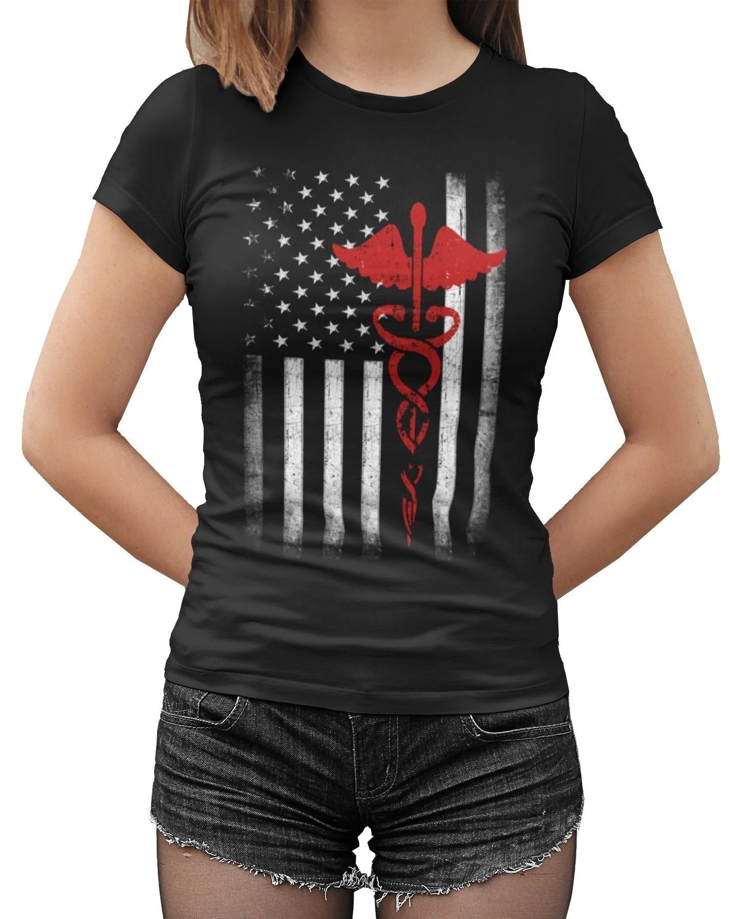 USA Women's Flag Premium Ringspun Black T-Shirt